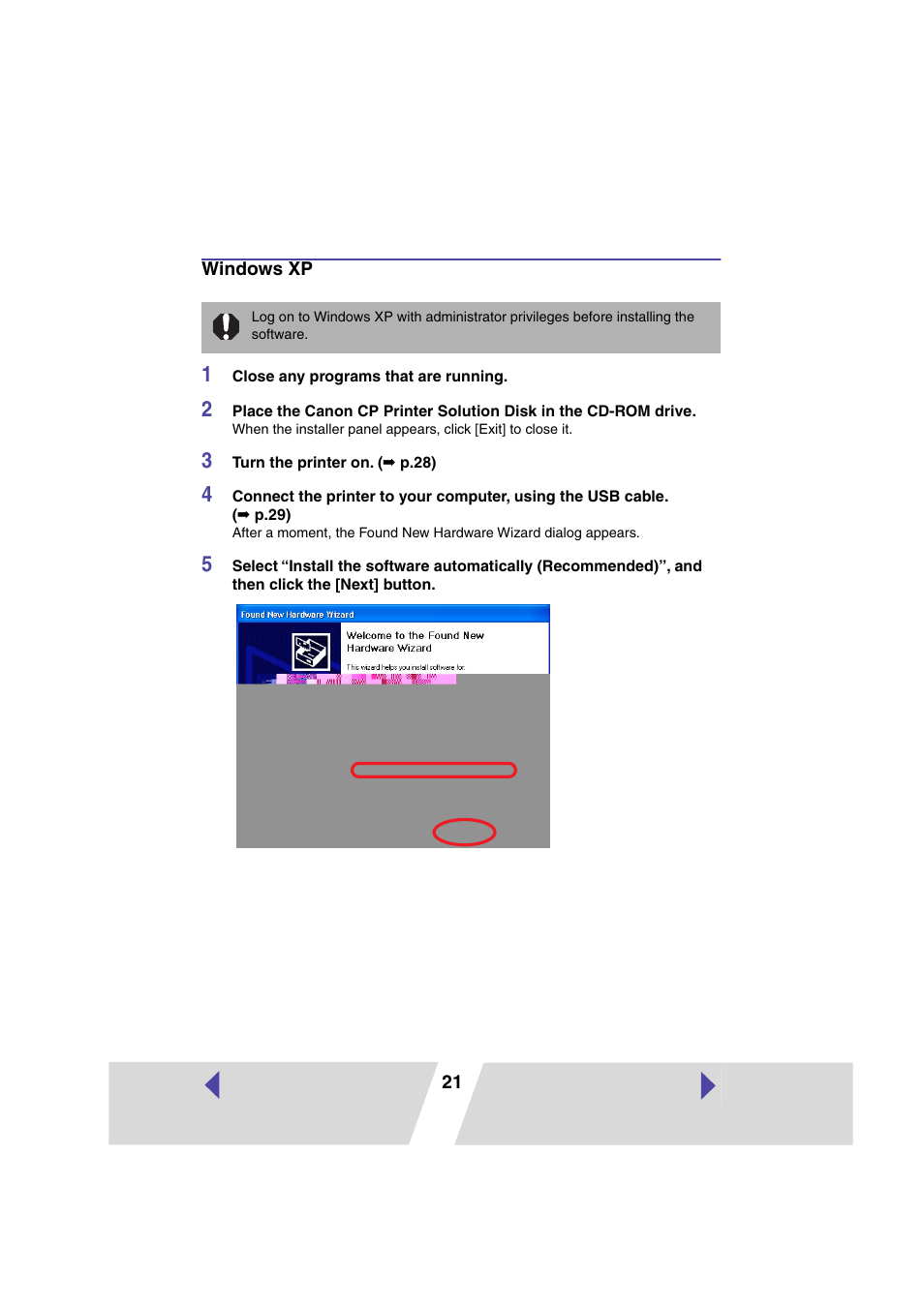 Windows xp | Canon CP 220 User Manual | Page 21 / 54