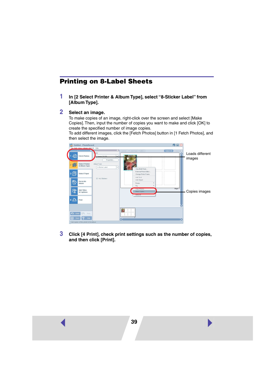 Printing on 8-label sheets, Printing on 8-label sheets 1 | Canon CP 220 User Manual | Page 39 / 54