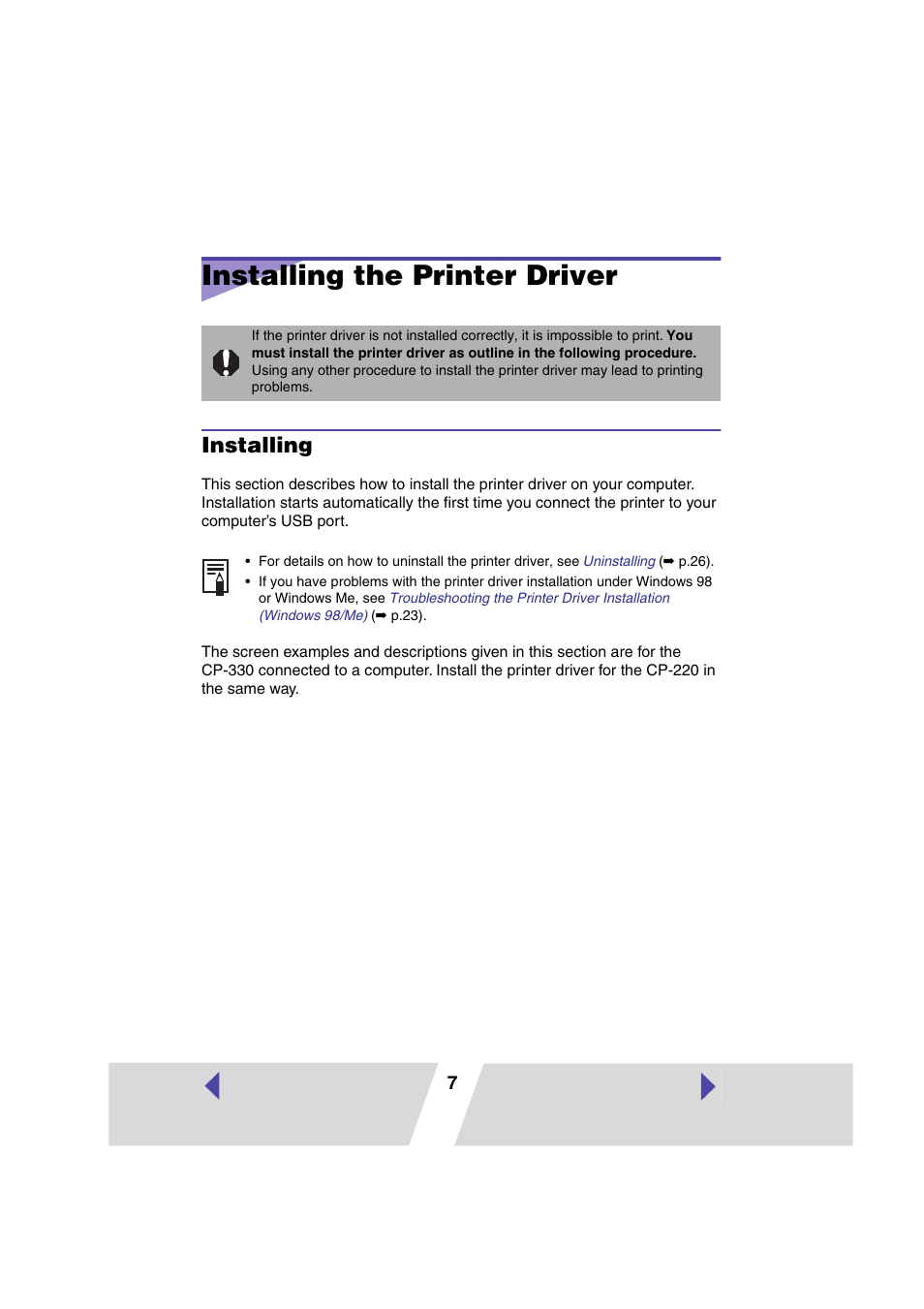 Installing the printer driver, Installing | Canon CP 220 User Manual | Page 7 / 54