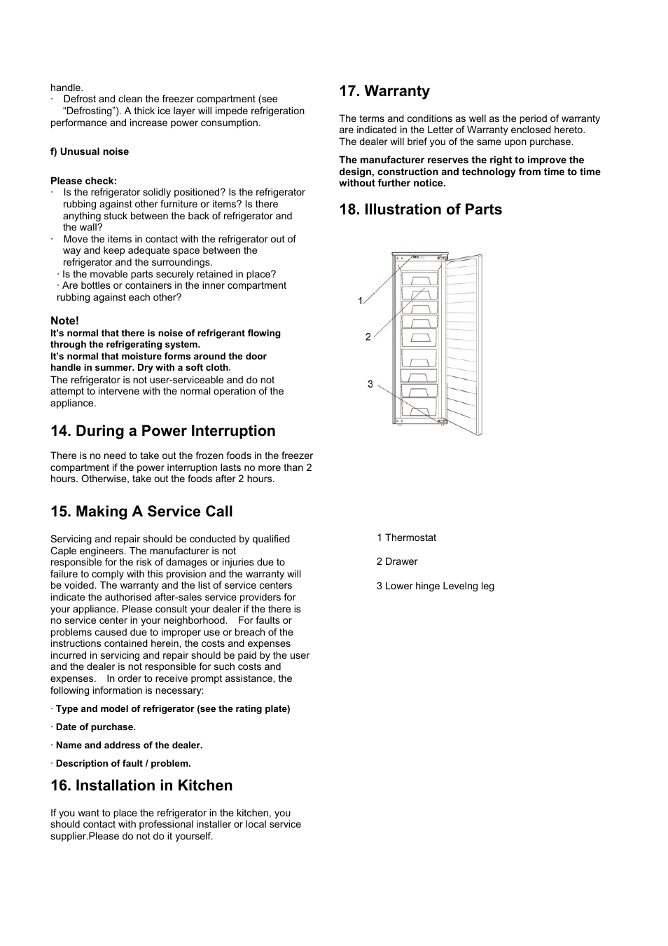 During a power interruption, Making a service call, Installation in kitchen | Warranty, Illustration of parts | Caple RiF178 User Manual | Page 10 / 17