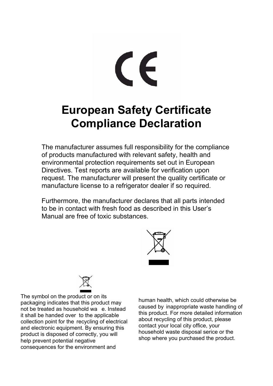 Rif177 instuction manual, European safety certificate compliance declaration | Caple RiF178 User Manual | Page 2 / 17