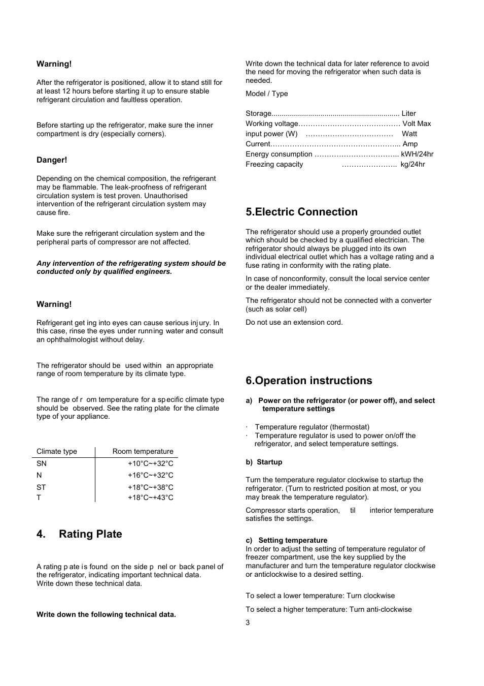 Rating plate, Electric connection, Operation instructions | Caple RiF178 User Manual | Page 6 / 17