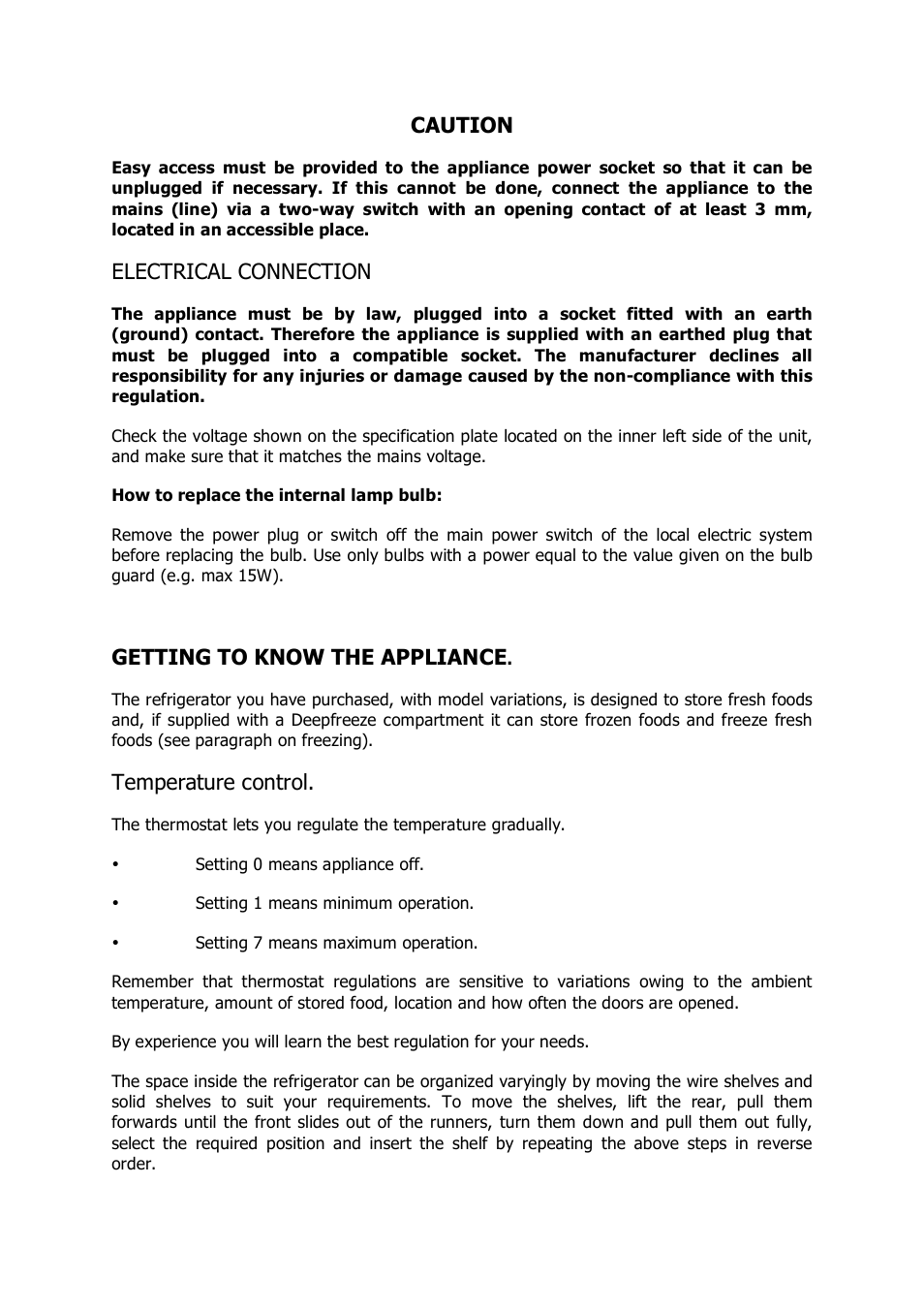 Caution, Electrical connection, Getting to know the appliance | Temperature control | Caple C195 53 User Manual | Page 5 / 15