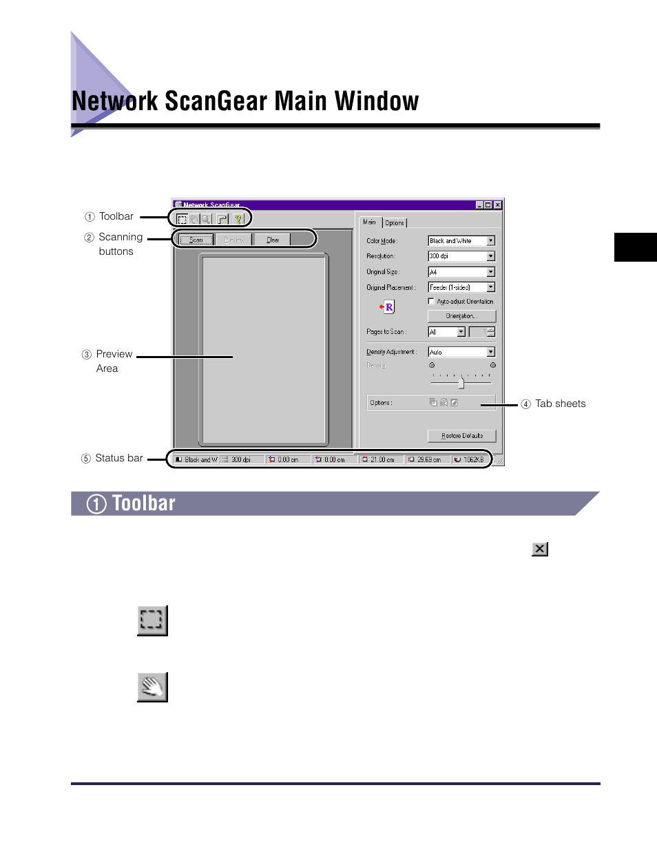 Network scangear main window, 1 toolbar, Network scangear main window -11 | Toolbar -11, 1toolbar | Canon iR Series User Manual | Page 28 / 46