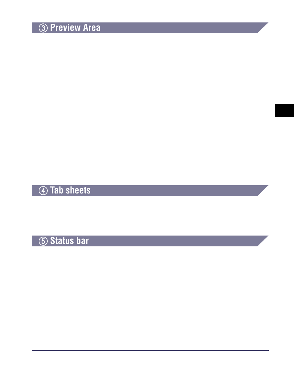 3 preview area, 4 tab sheets, 5 status bar | Preview area -13, Tab sheets -13, Status bar -13, 3preview area, 4tab sheets, 5status bar | Canon iR Series User Manual | Page 30 / 46