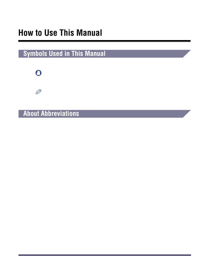 How to use this manual, Symbols used in this manual, About abbreviations | Canon iR Series User Manual | Page 5 / 46