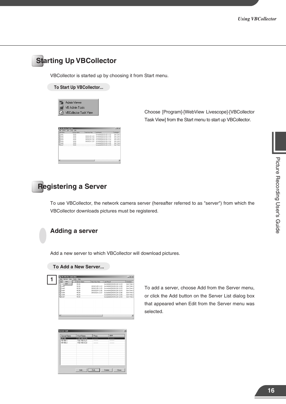 Starting up vbcollector, Registering a server | Canon VB150 User Manual | Page 19 / 32