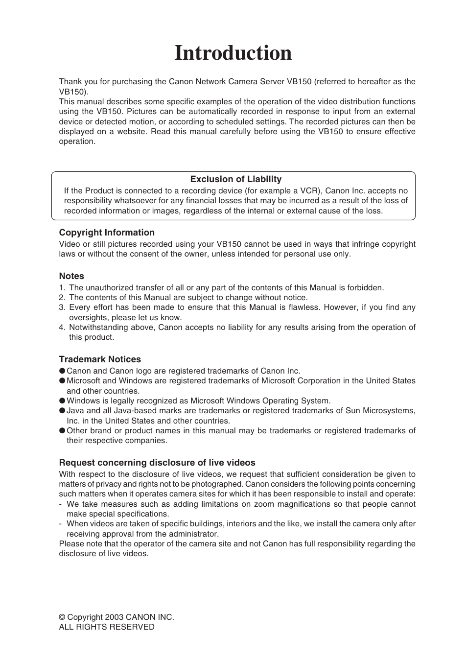 Introduction | Canon VB150 User Manual | Page 2 / 32