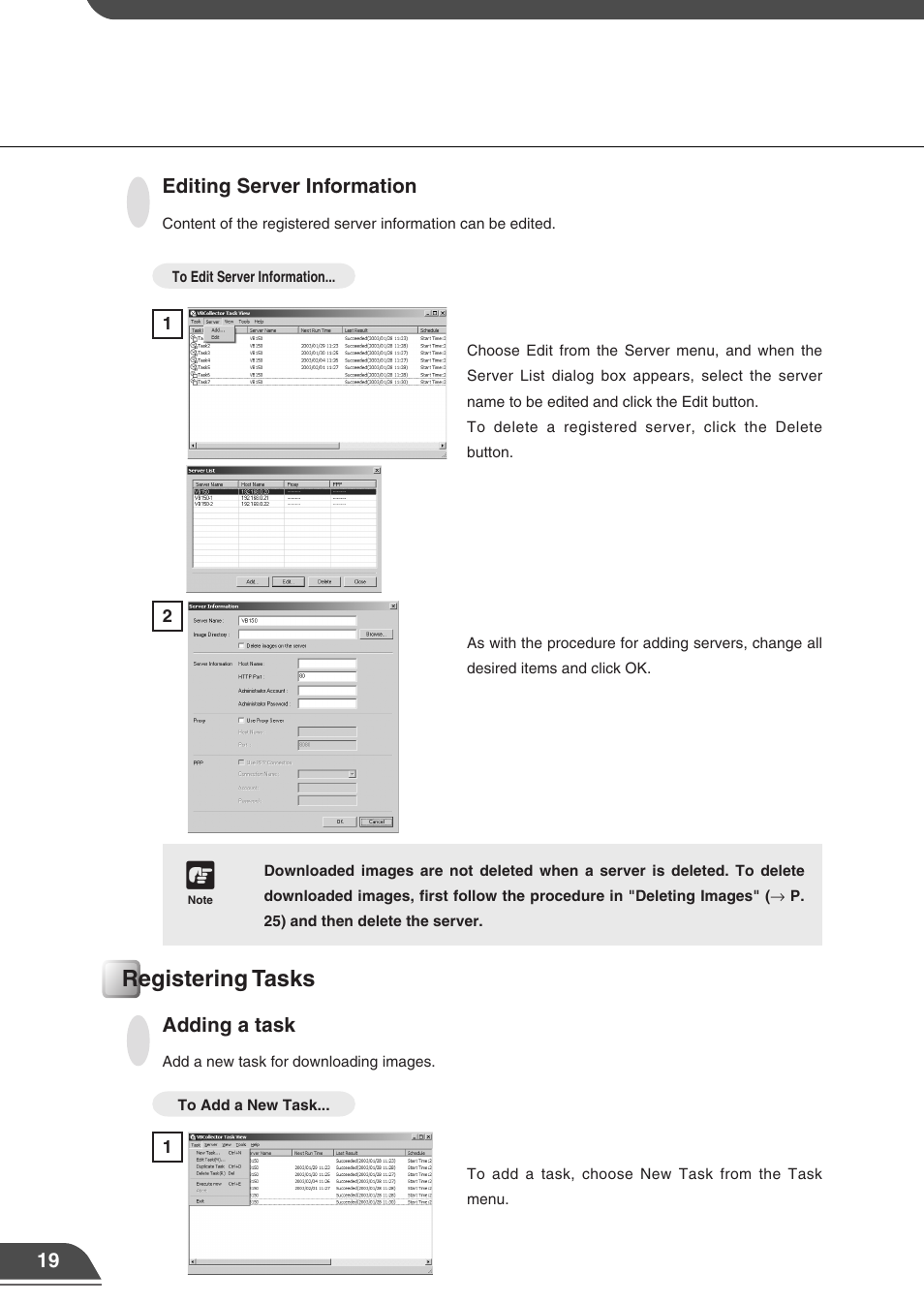 Registering tasks, Editing server information, Adding a task | Canon VB150 User Manual | Page 22 / 32