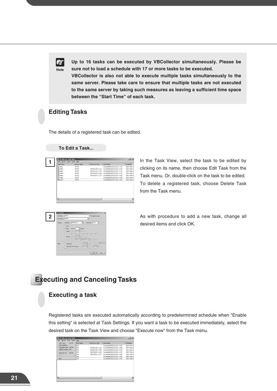 Executing and canceling tasks c, Editing tasks, Executing a task | Canon VB150 User Manual | Page 24 / 32