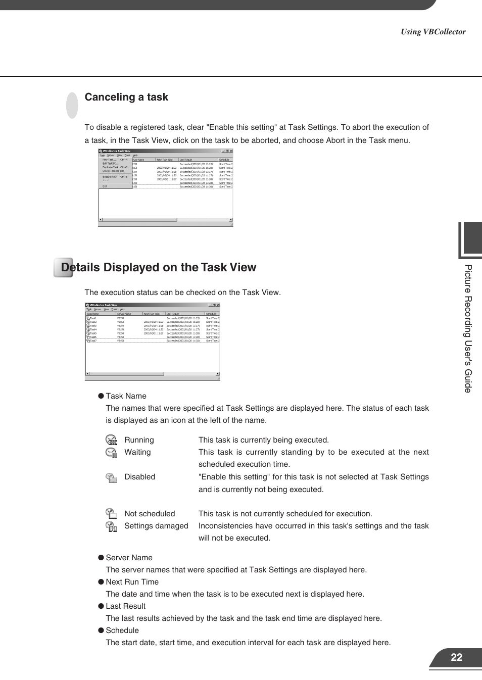 Details displayed on the task view, Canceling a task | Canon VB150 User Manual | Page 25 / 32