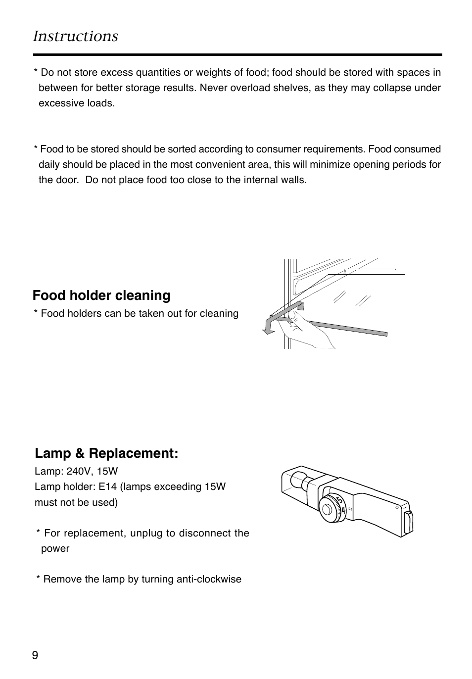 Instructions, Food holder cleaning, Lamp & replacement | Caple RiR121 User Manual | Page 10 / 15