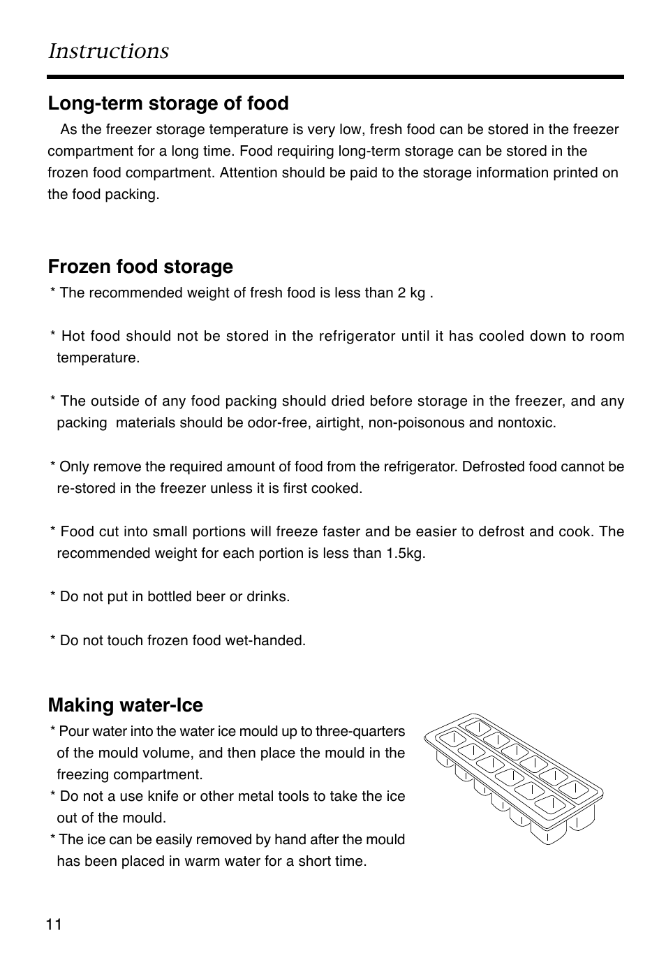 Instructions, Long-term storage of food, Frozen food storage | Making water-ice | Caple RiR121 User Manual | Page 12 / 15