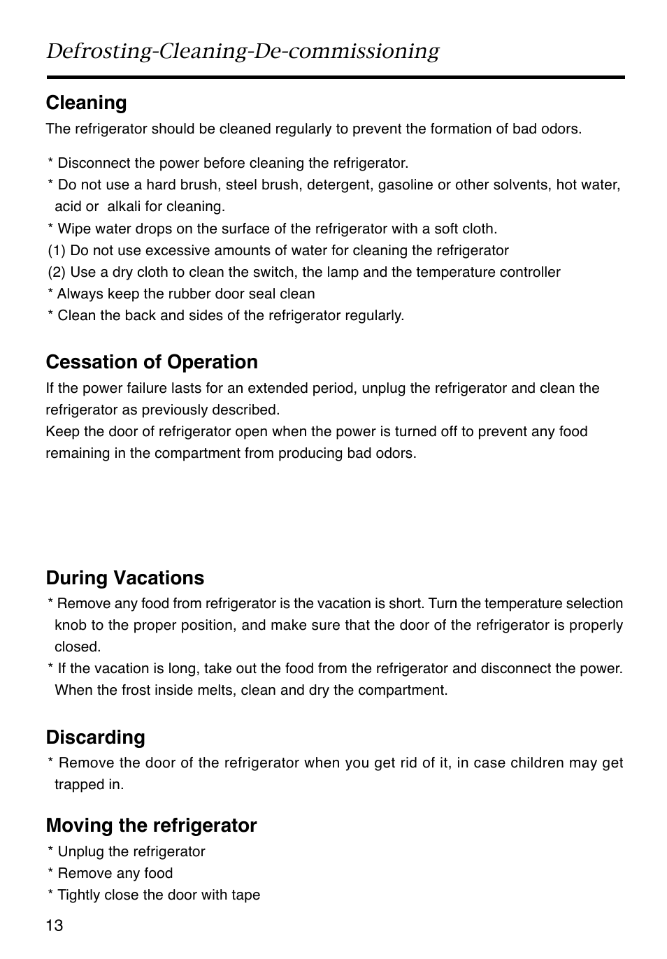 Defrosting-cleaning-de-commissioning, Cleaning, Cessation of operation | During vacations, Discarding, Moving the refrigerator | Caple RiR121 User Manual | Page 14 / 15
