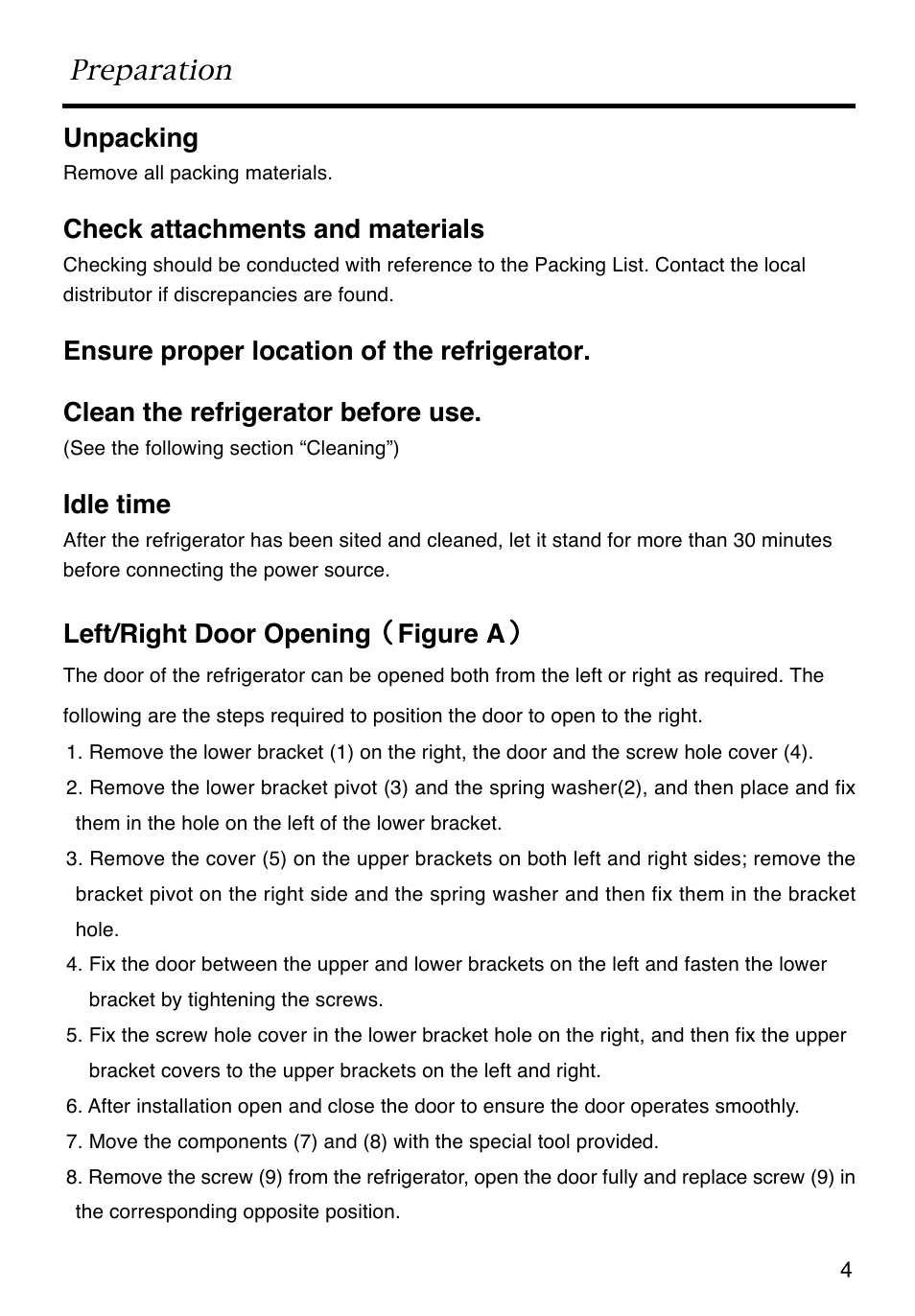 Preparation, Unpacking, Check attachments and materials | Idle time, Left/right door opening （ （ （ （ （ figure a | Caple RiR121 User Manual | Page 5 / 15
