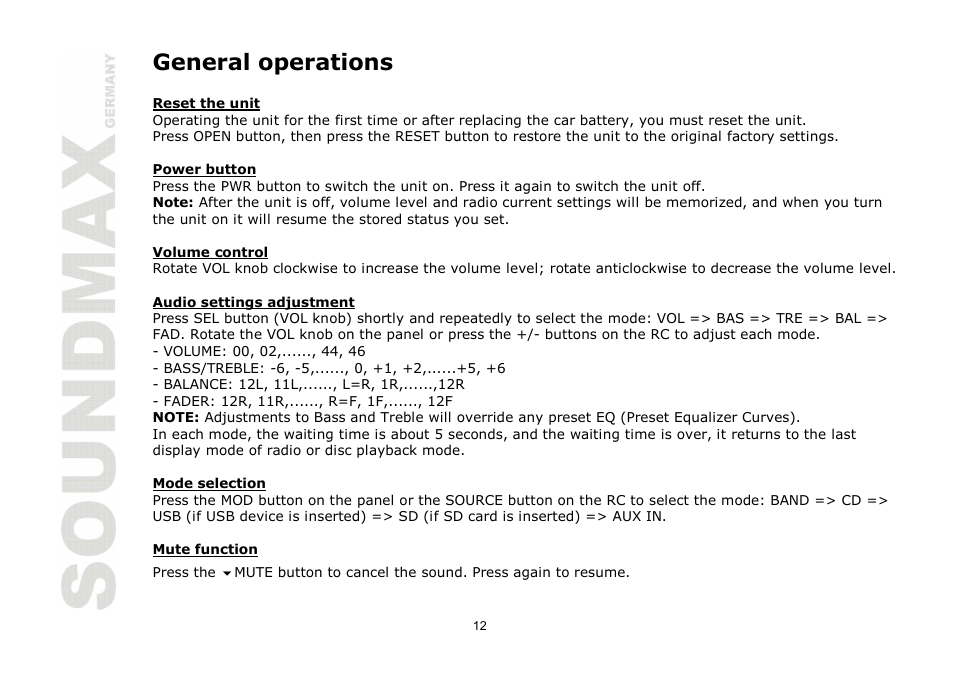 General operations | SoundMax SM-CMD2024 User Manual | Page 12 / 57