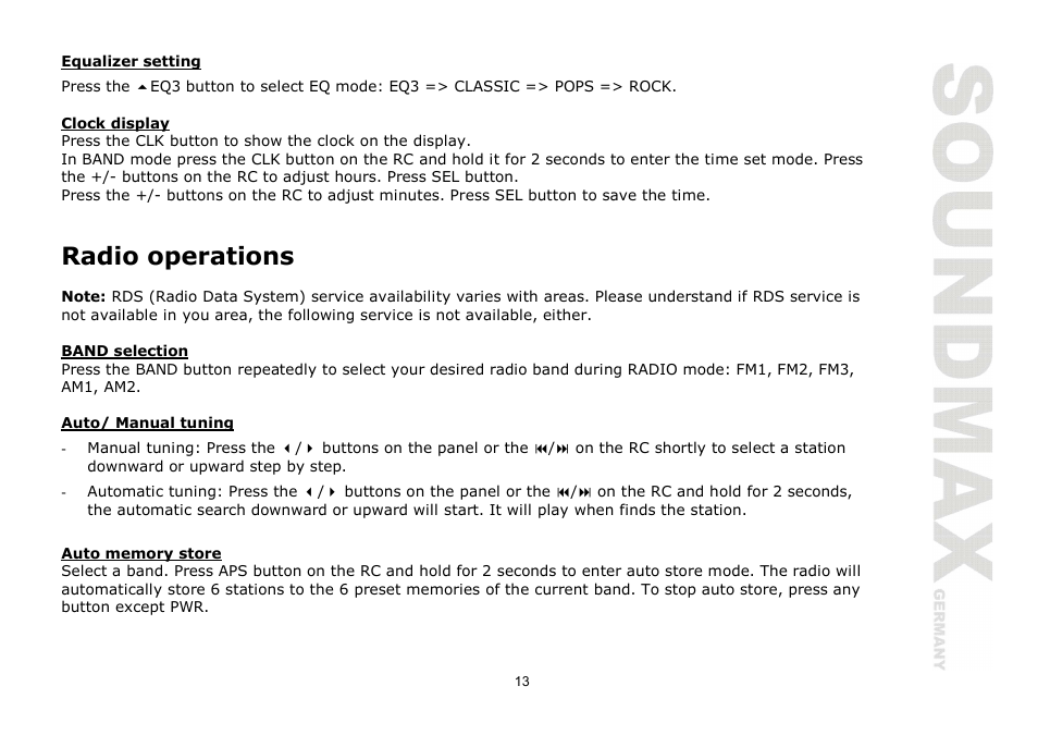 Radio operations | SoundMax SM-CMD2024 User Manual | Page 13 / 57