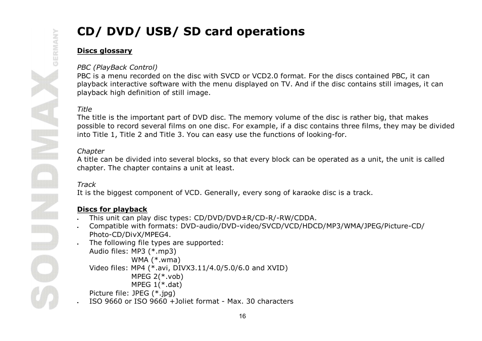 Cd/ dvd/ usb/ sd card operations | SoundMax SM-CMD2024 User Manual | Page 16 / 57