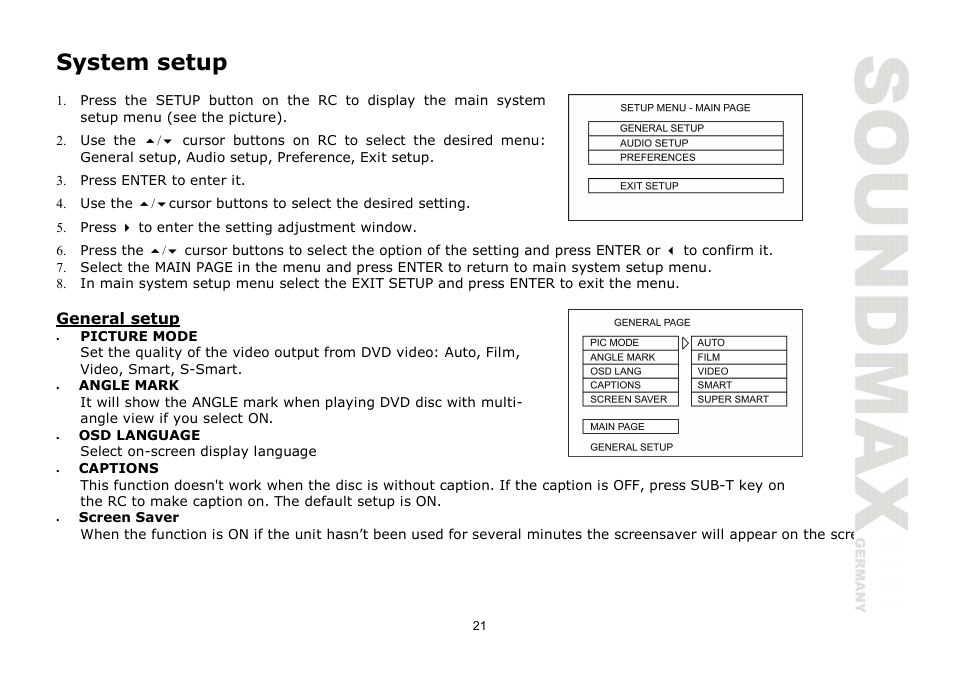 System setup | SoundMax SM-CMD2024 User Manual | Page 21 / 57