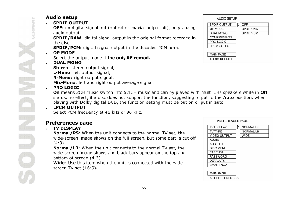 Audio setup, Preferences page | SoundMax SM-CMD2024 User Manual | Page 22 / 57