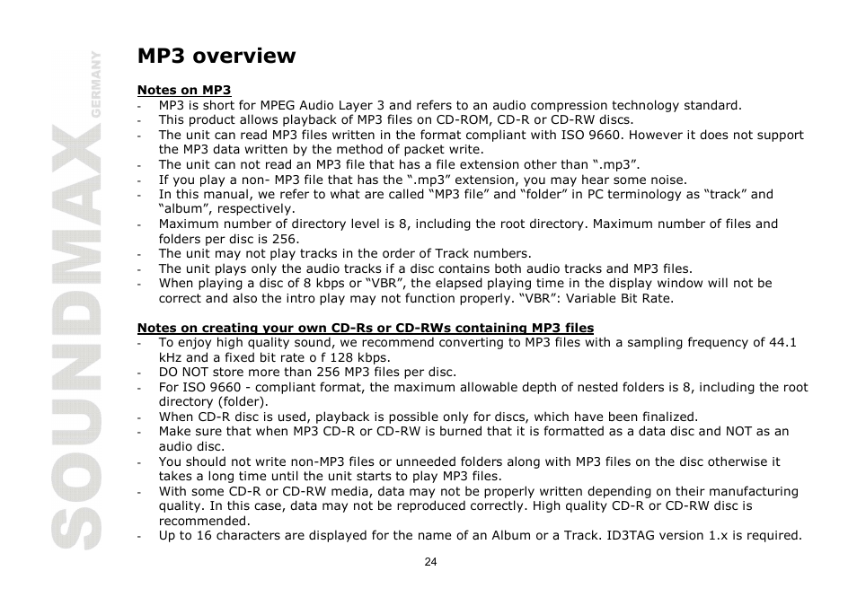 Mp3 overview | SoundMax SM-CMD2024 User Manual | Page 24 / 57