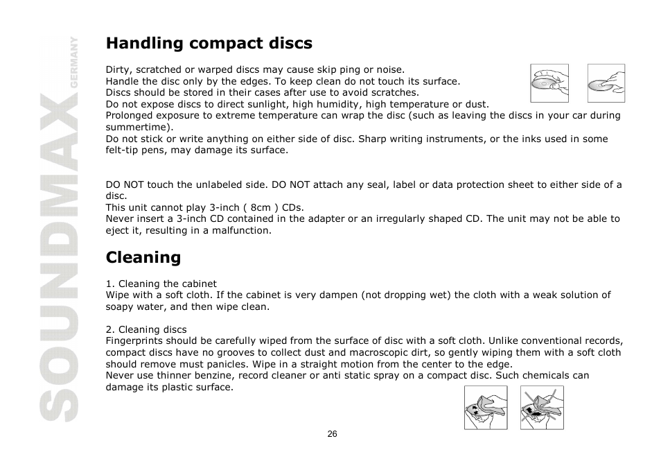 Handling compact discs, Cleaning | SoundMax SM-CMD2024 User Manual | Page 26 / 57