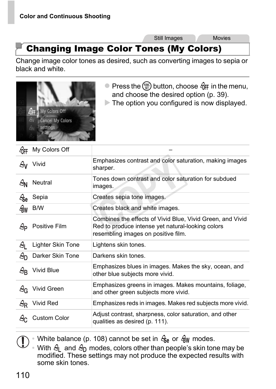 Cop y, Changing image color tones (my colors) | Canon 500 HS User Manual | Page 109 / 217