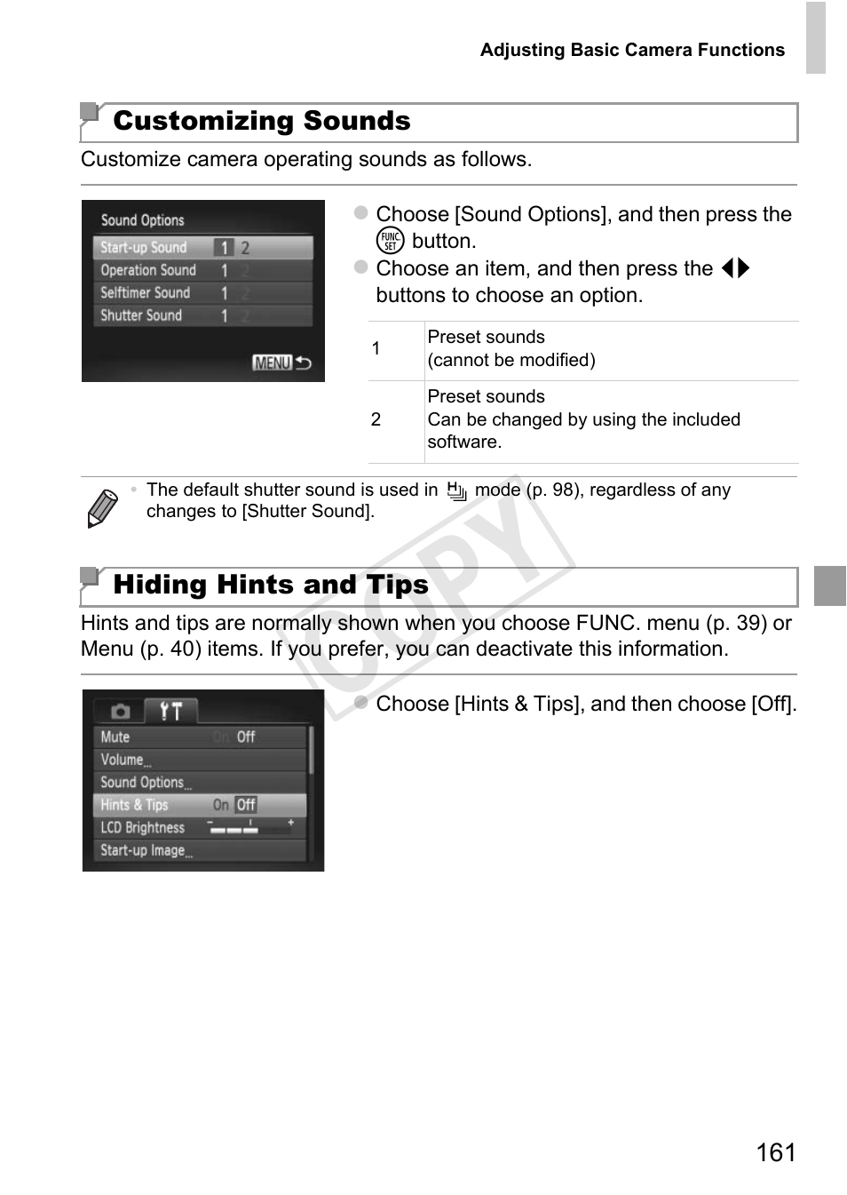 Lf-timer (p. 161), Cop y | Canon 500 HS User Manual | Page 160 / 217