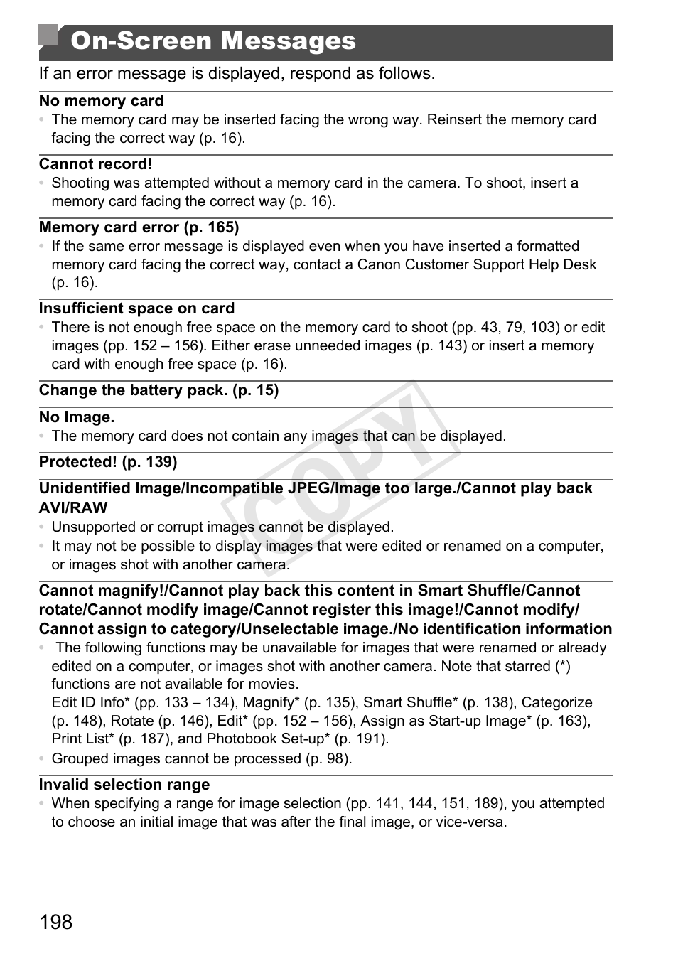 On-screen messages, Cop y | Canon 500 HS User Manual | Page 197 / 217