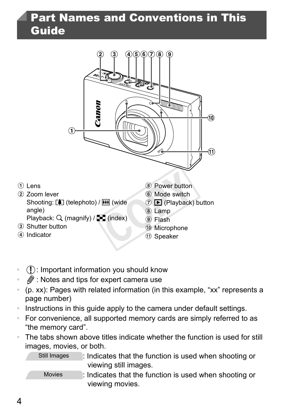 Cop y, Part names and conventions in this guide | Canon 500 HS User Manual | Page 4 / 217