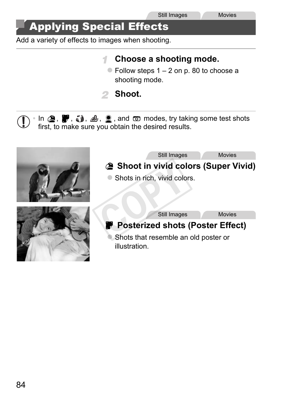 P. 84), Cop y, Applying special effects | Canon 500 HS User Manual | Page 83 / 217