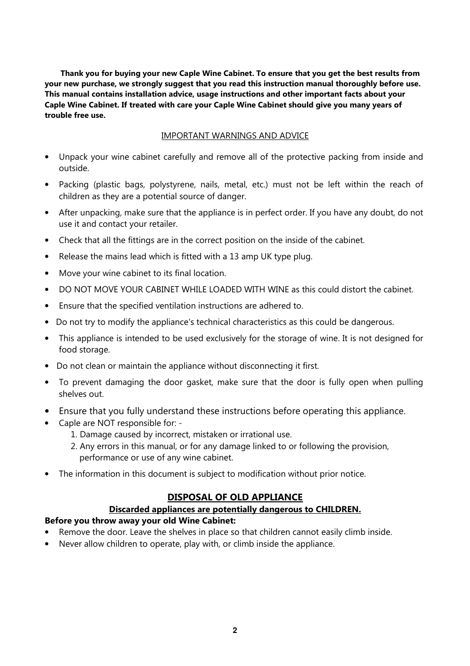 Caple WC6216 User Manual | Page 2 / 12