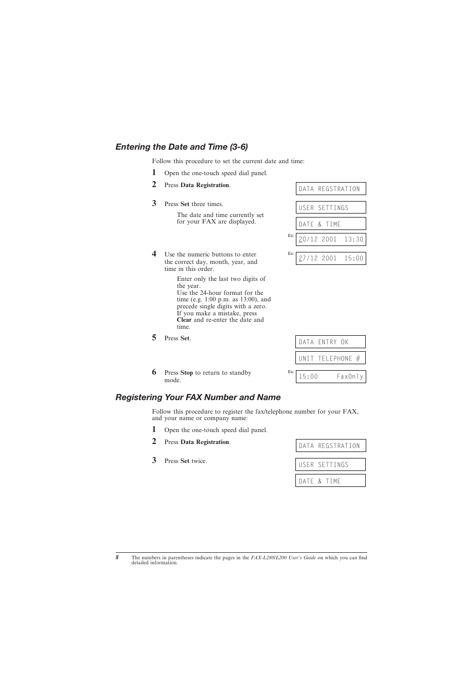 Entering the date and time (3-6), Registering your fax number and name, Entering the date and time | Canon L280 User Manual | Page 10 / 24