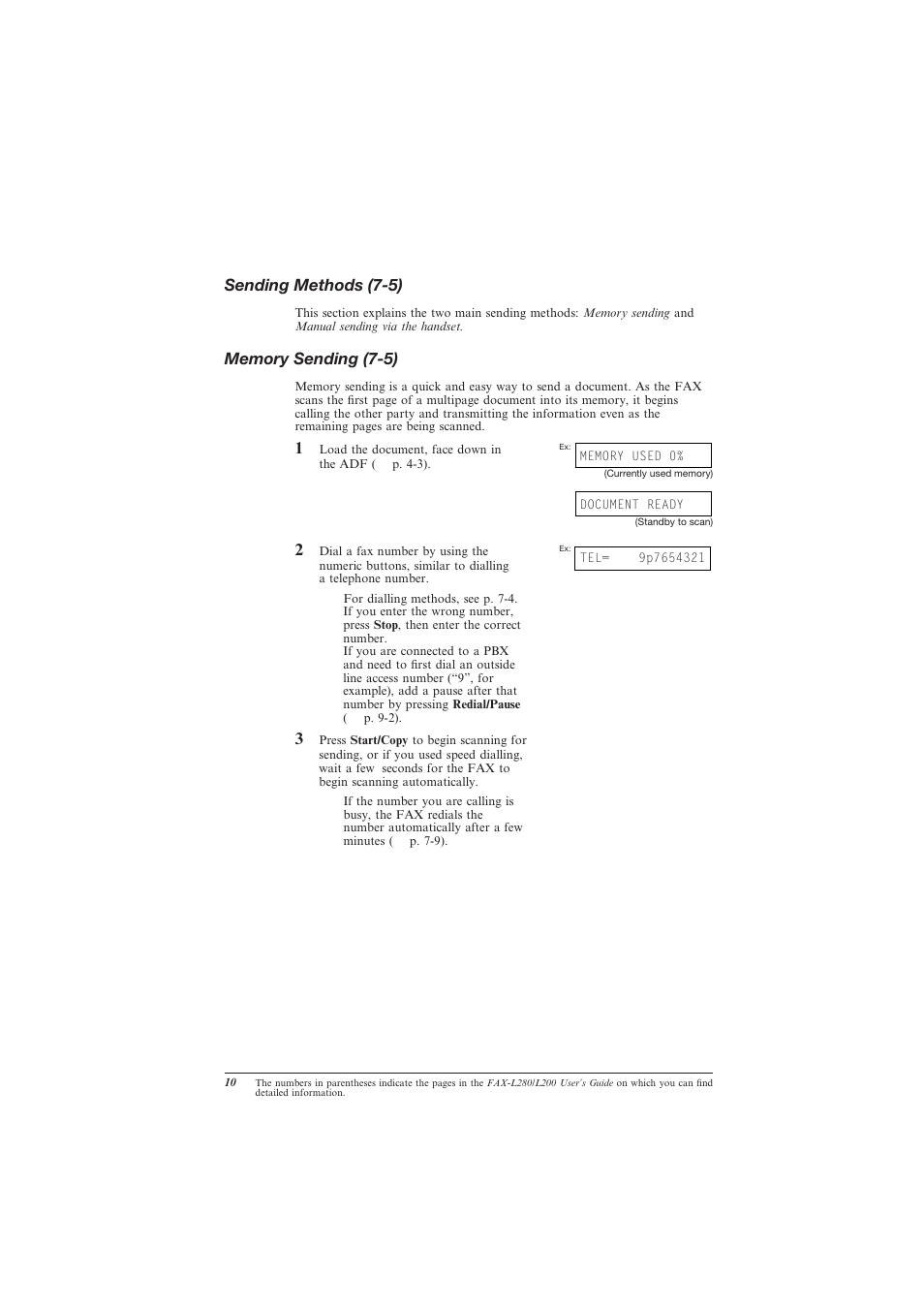 Sending methods (7-5), Memory sending (7-5), Sending methods | Memory sending | Canon L280 User Manual | Page 12 / 24