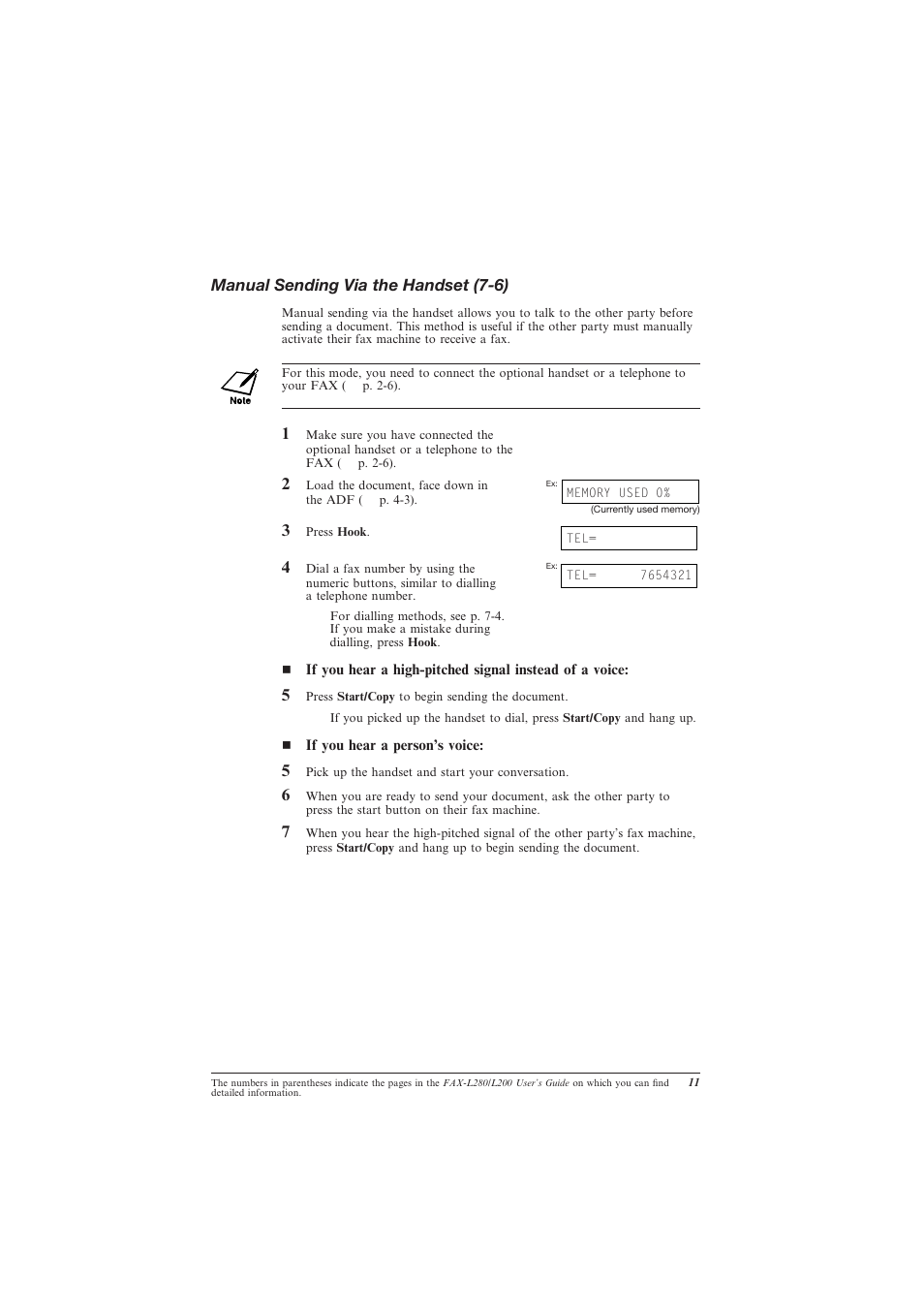 Manual sending via the handset (7-6), Manual sending via the handset | Canon L280 User Manual | Page 13 / 24