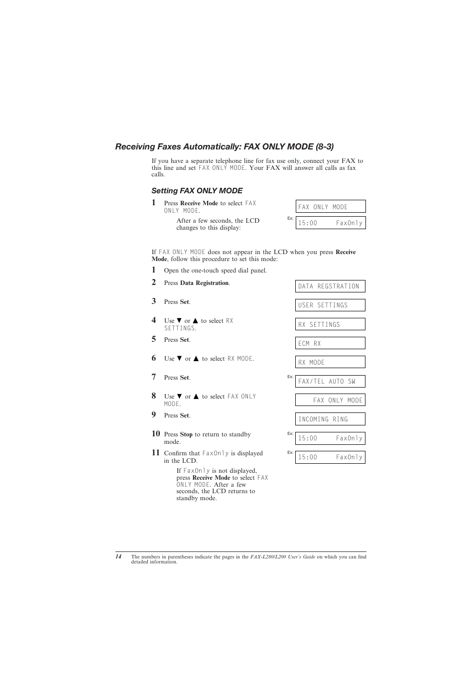 Receiving faxes automatically: fax only mode (8-3), Receiving faxes automatically: fax only mode, Setting fax only mode | Canon L280 User Manual | Page 16 / 24