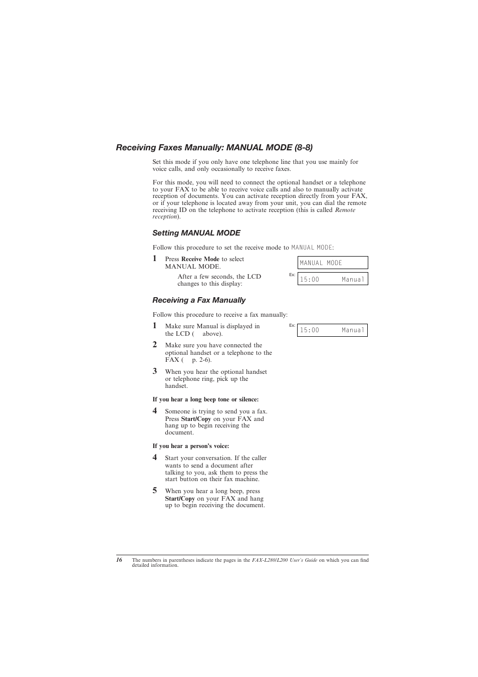 Receiving faxes manually: manual mode (8-8), Receiving faxes manually: manual mode, Setting manual mode | Receiving a fax manually | Canon L280 User Manual | Page 18 / 24