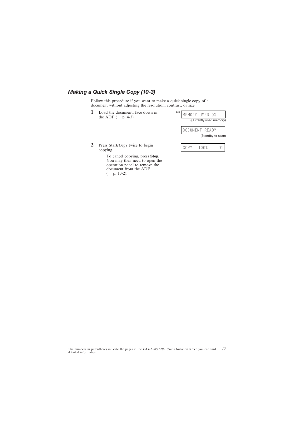 Making a quick single copy (10-3), Making a quick single copy | Canon L280 User Manual | Page 19 / 24