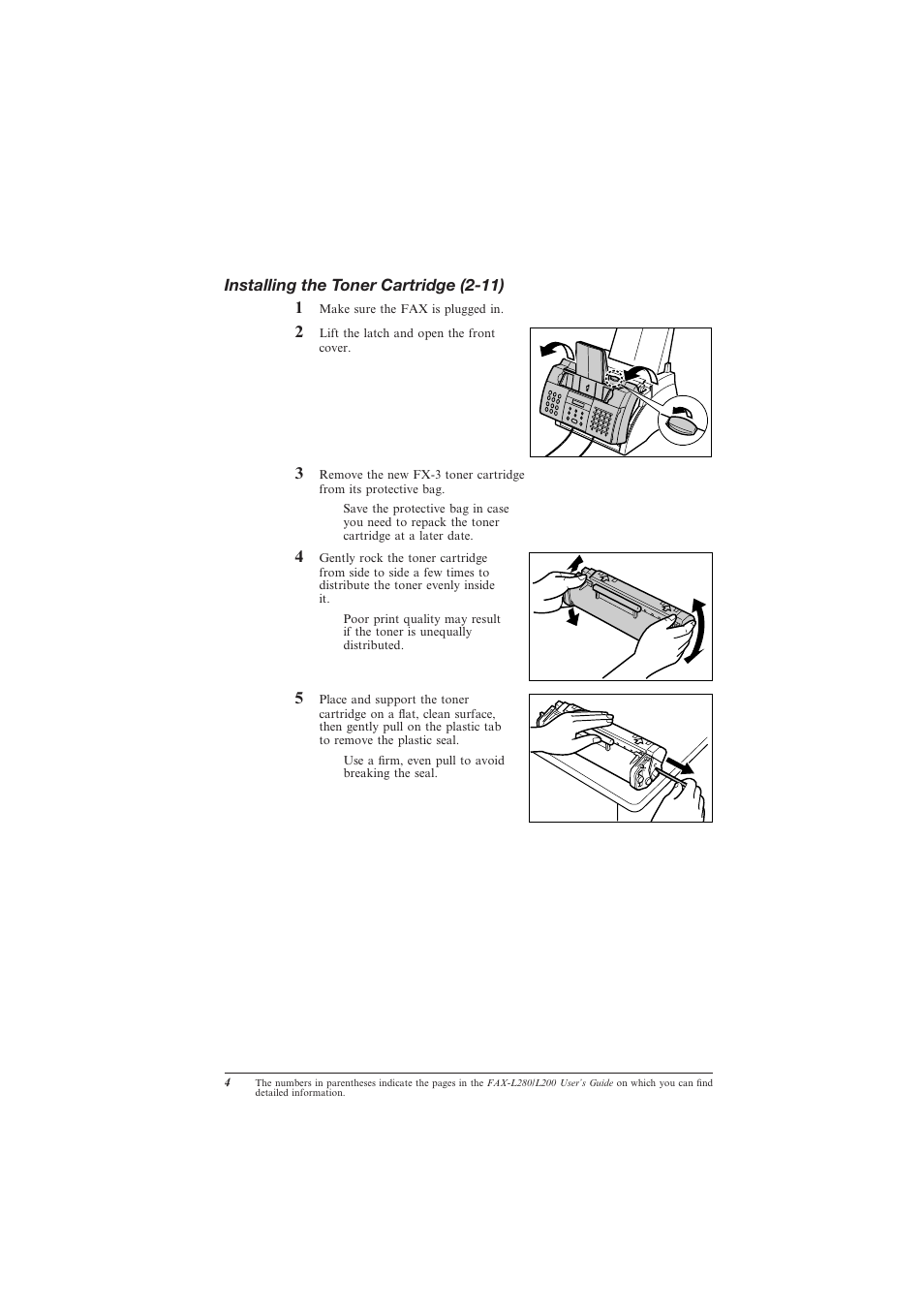 Installing the toner cartridge (2-11), Installing the toner cartridge, Installing the toner cartridge (2-11) 1 | Canon L280 User Manual | Page 6 / 24