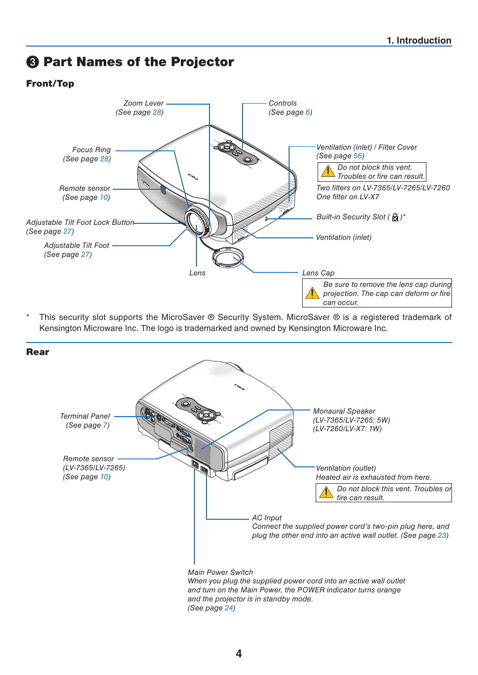 Part names of the projector, Front/top, Rear | Introduction | Canon LV 7365 User Manual | Page 13 / 83