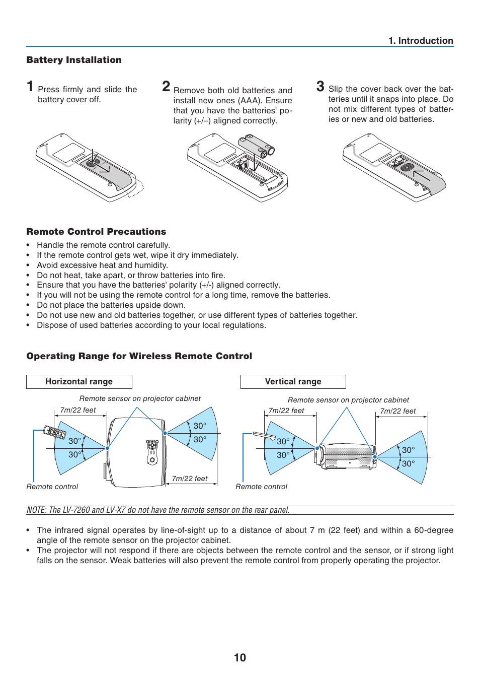 Battery installation, Remote control precautions, Operating range for wireless remote control | Canon LV 7365 User Manual | Page 19 / 83