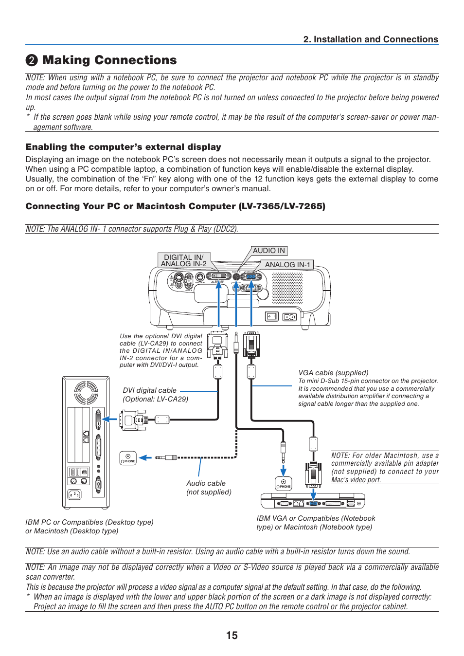 Making connections, Enabling the computer’s external display, Installation and connections | Canon LV 7365 User Manual | Page 24 / 83