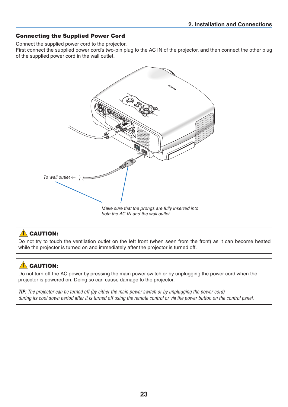 Connecting the supplied power cord, Installation and connections, Caution | Canon LV 7365 User Manual | Page 32 / 83