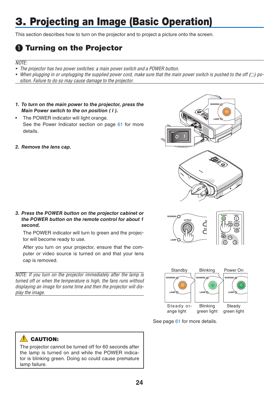 Projecting an image (basic operation), Turning on the projector, Caution | Canon LV 7365 User Manual | Page 33 / 83