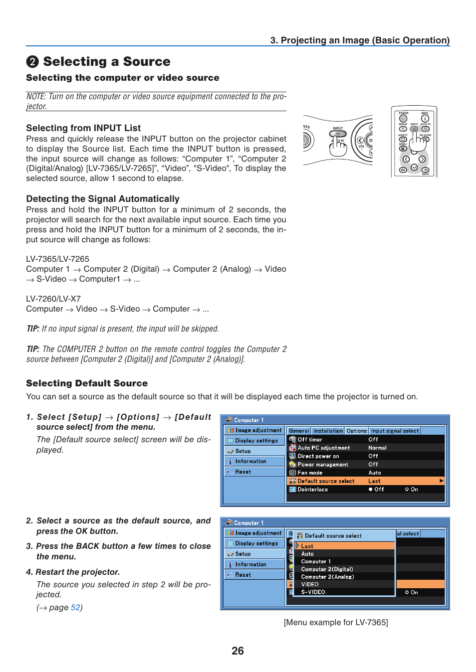 Selecting a source, Selecting the computer or video source, Selecting from input list | Detecting the signal automatically, Selecting default source, Projecting an image (basic operation) | Canon LV 7365 User Manual | Page 35 / 83