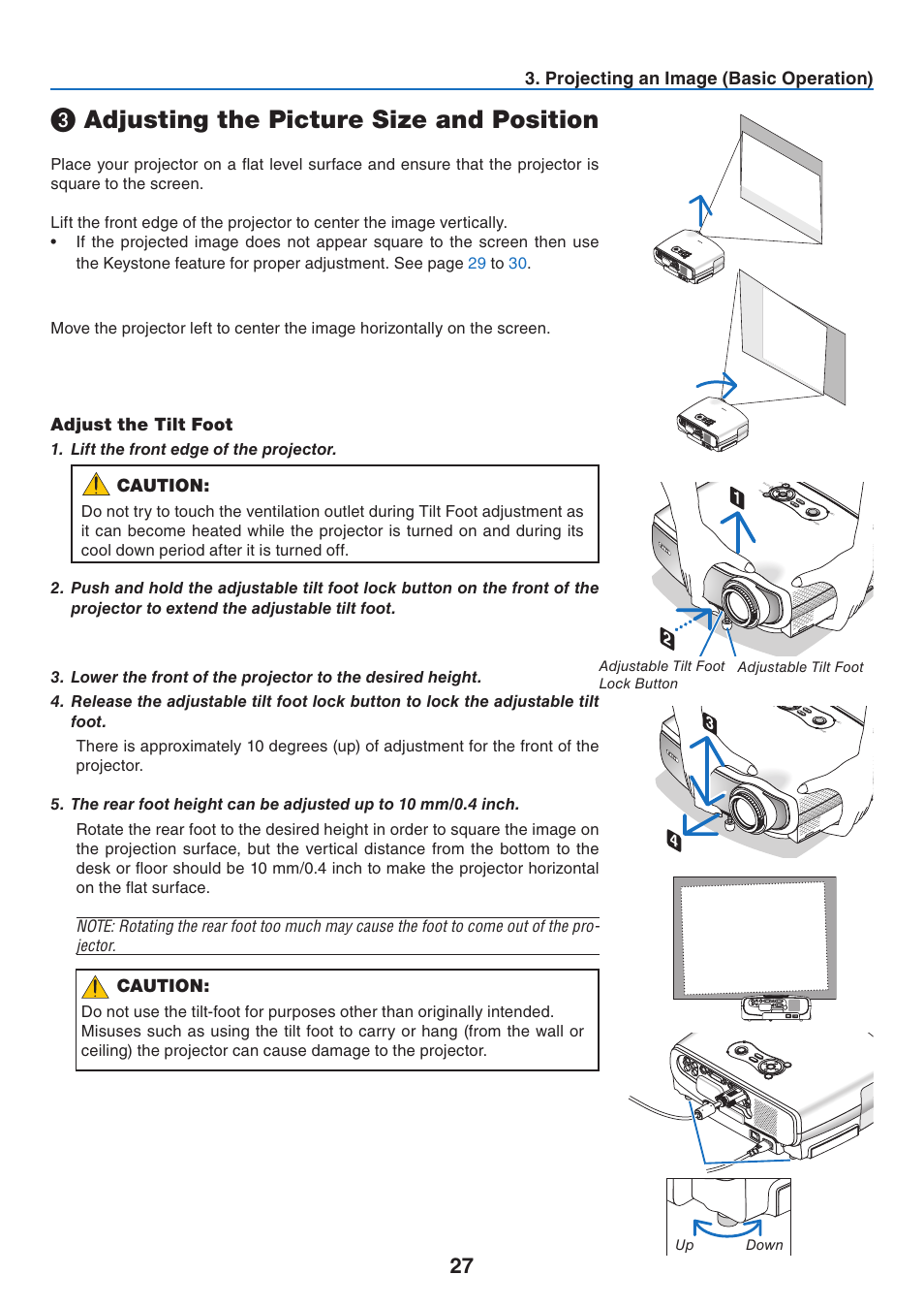 Adjusting the picture size and position, Adjust the tilt foot, Projecting an image (basic operation) | Caution | Canon LV 7365 User Manual | Page 36 / 83