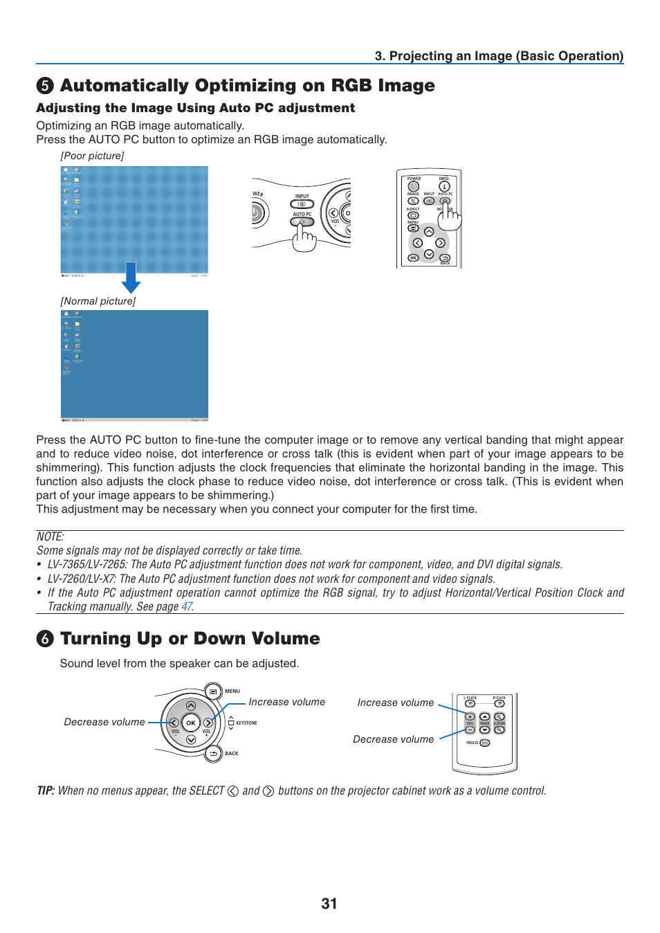 Automatically optimizing on rgb image, Turning up or down volume, Projecting an image (basic operation) | Adjusting the image using auto pc adjustment | Canon LV 7365 User Manual | Page 40 / 83