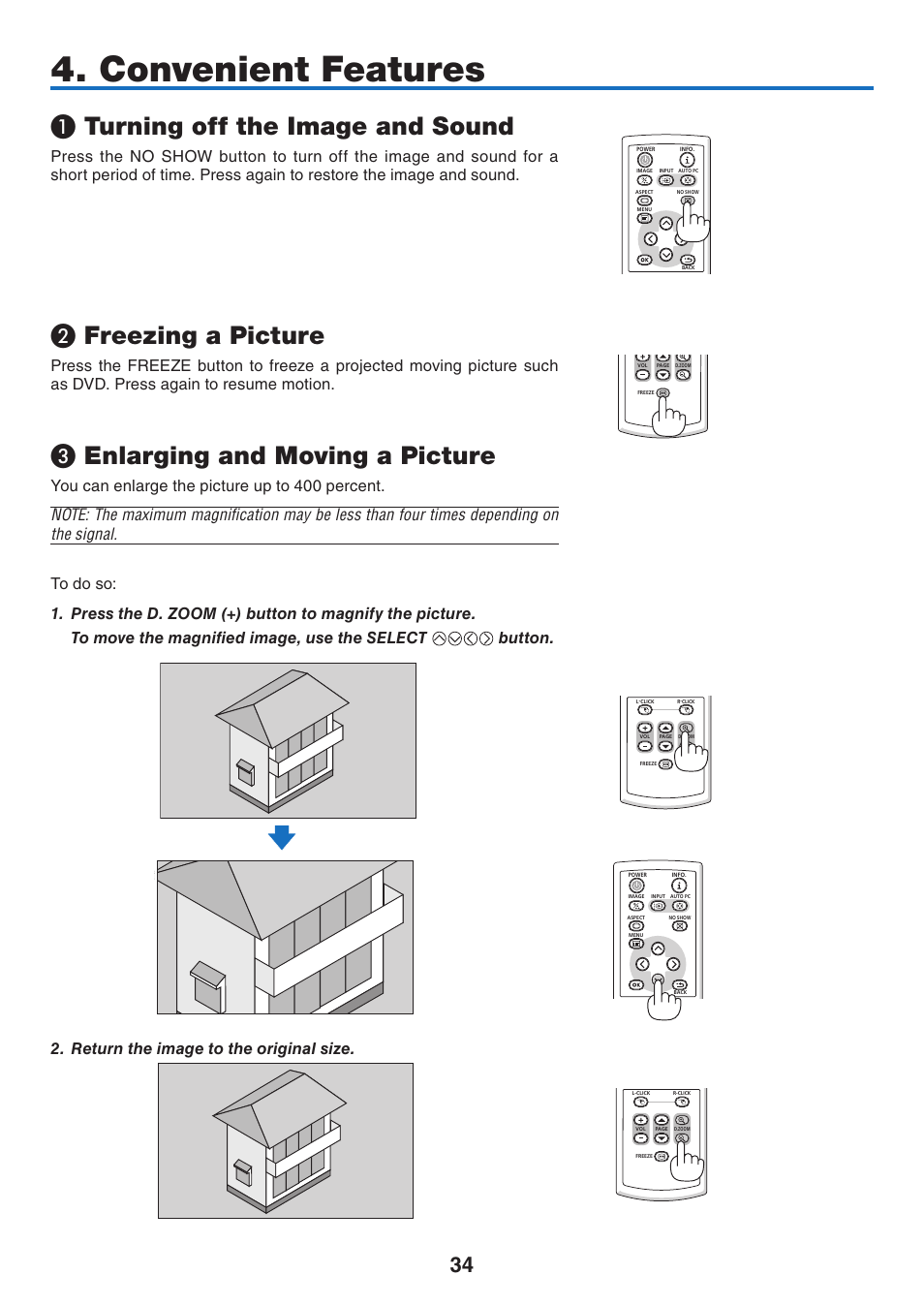 Convenient features, Turning off the image and sound, Freezing a picture | Enlarging and moving a picture | Canon LV 7365 User Manual | Page 43 / 83