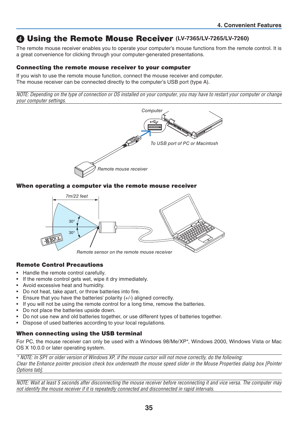 Using the remote mouse receiver, Remote control precautions, When connecting using the usb terminal | Canon LV 7365 User Manual | Page 44 / 83