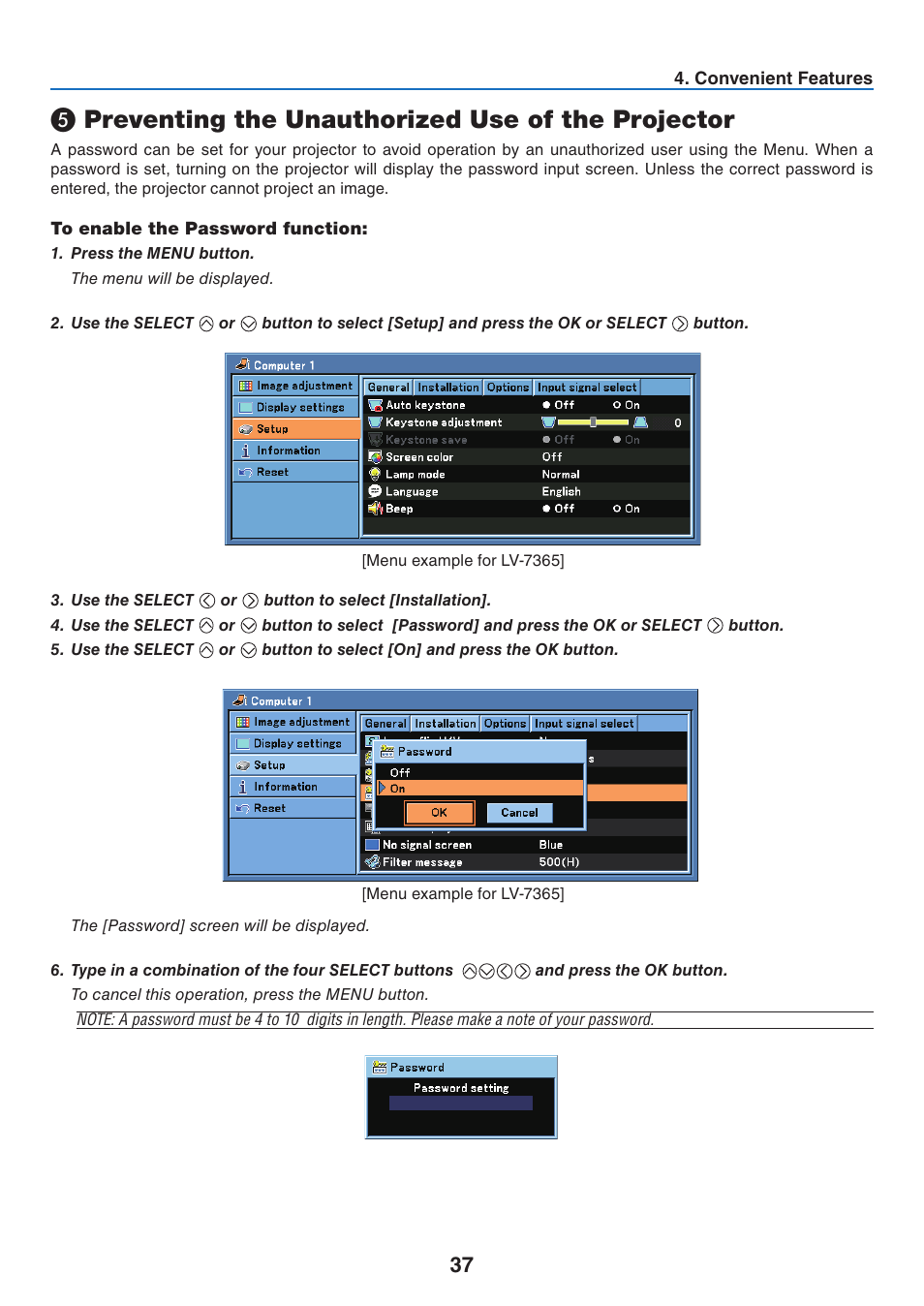 Preventing the unauthorized use of the projector, To enable the password function | Canon LV 7365 User Manual | Page 46 / 83